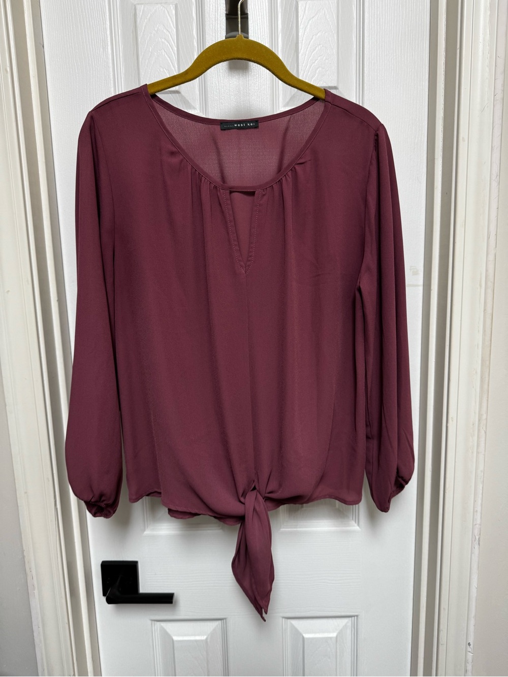West Kei Burgundy Tie Front Blouse Size M Sheer Peasant Boho Top Balloon Sleeve